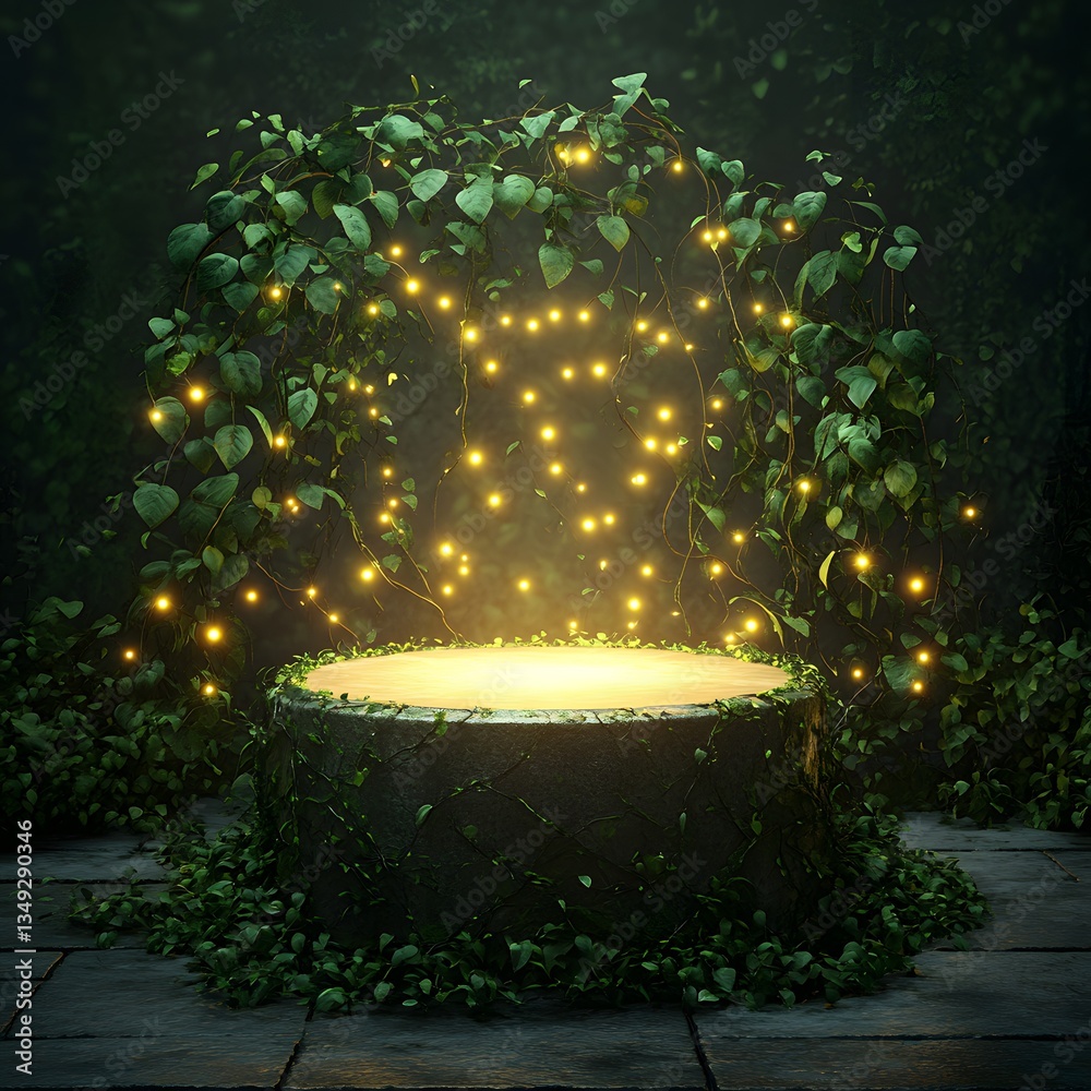 A podium wrapped in vines with tiny glowing orbs, placed in an ethereal hidden garden.