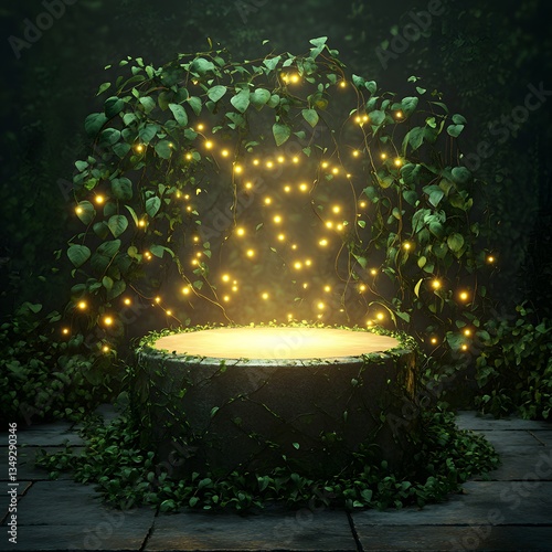 Obraz na płótnie A podium wrapped in vines with tiny glowing orbs, placed in an ethereal hidden garden. w salonie