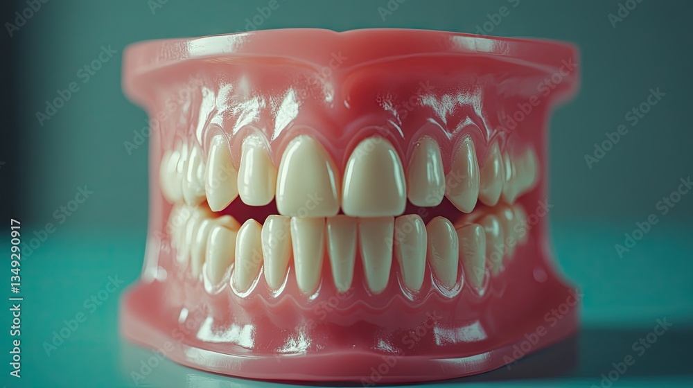 Obraz premium A dental model of teeth with clean, healthy gums, used for demonstrating the importance of regular brushing for oral hygiene.