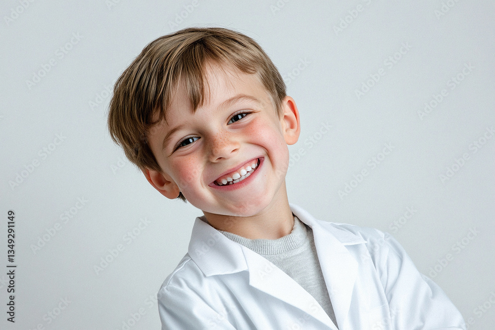 A young boy is wearing a white lab coat and smiling A young boy is wearing a white lab coat and smiling