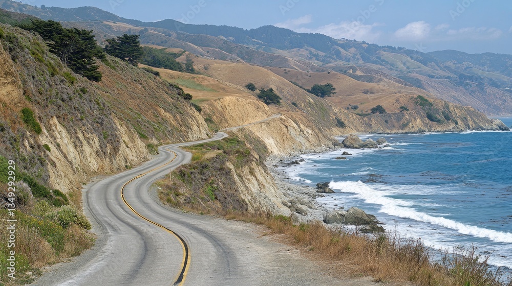A scenic coastal asphalt road hugging the cliffs with waves crashing below A scenic coastal asphalt road hugging the cliffs with waves crashing below