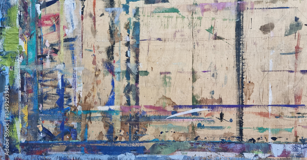 Fototapeta premium Abstract painting on craft wood paper with brushstrokes of different colors. Illustration for background