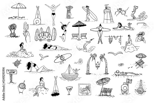 Sea, beach summer time travel. Vacation. Hand drawn vector isolated set.