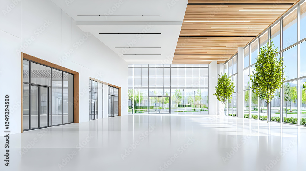 Fototapeta premium Modern Empty Hallway With Large Windows And Wooden Beams