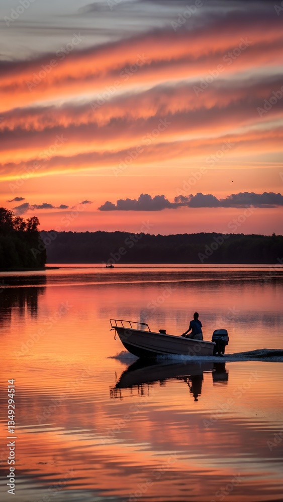 Boat on lake with sunset reflection Slow Shutter captures Motion Blur and Soft Focus Boat on lake with sunset reflection Slow Shutter captures Motion Blur and Soft Focus