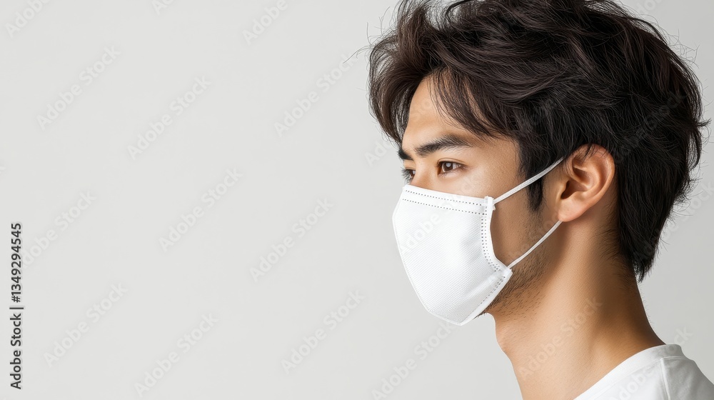 Man wearing n95 mask for virus protection against pm2.5 in urban environment side view for health awareness Man wearing n95 mask for virus protection against pm2.5 in urban environment side view for health awareness