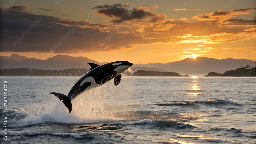 Fototapeta premium Design an evocative scene of an orca making a powerful leap from the ocean at sunset