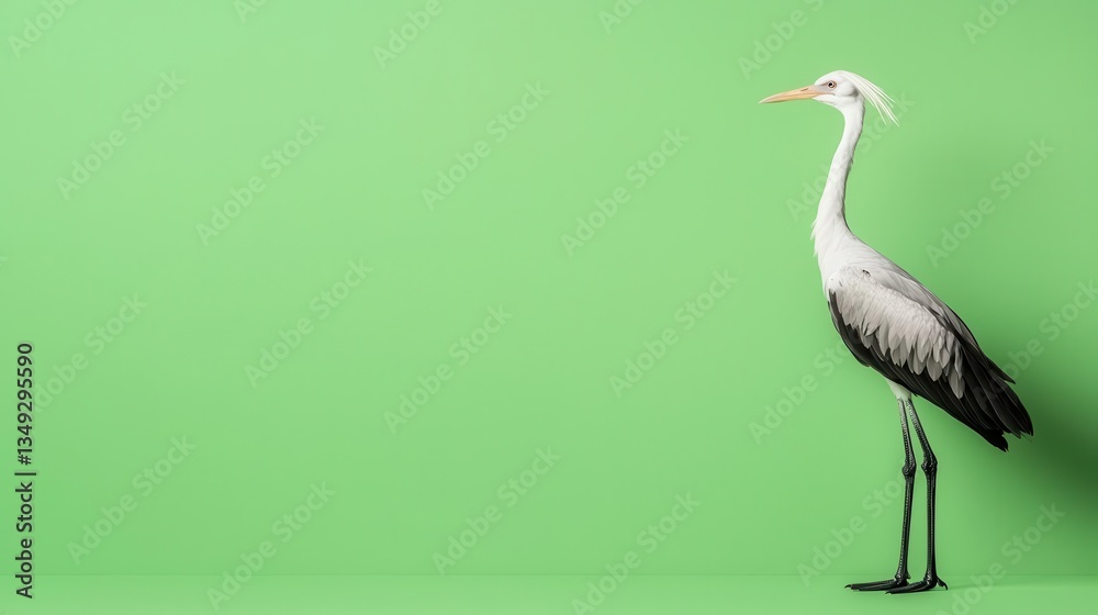 Obraz premium Realistic Secretary Bird standing tall, long legs and sharp beak, filmed against a clean green backdrop for video production