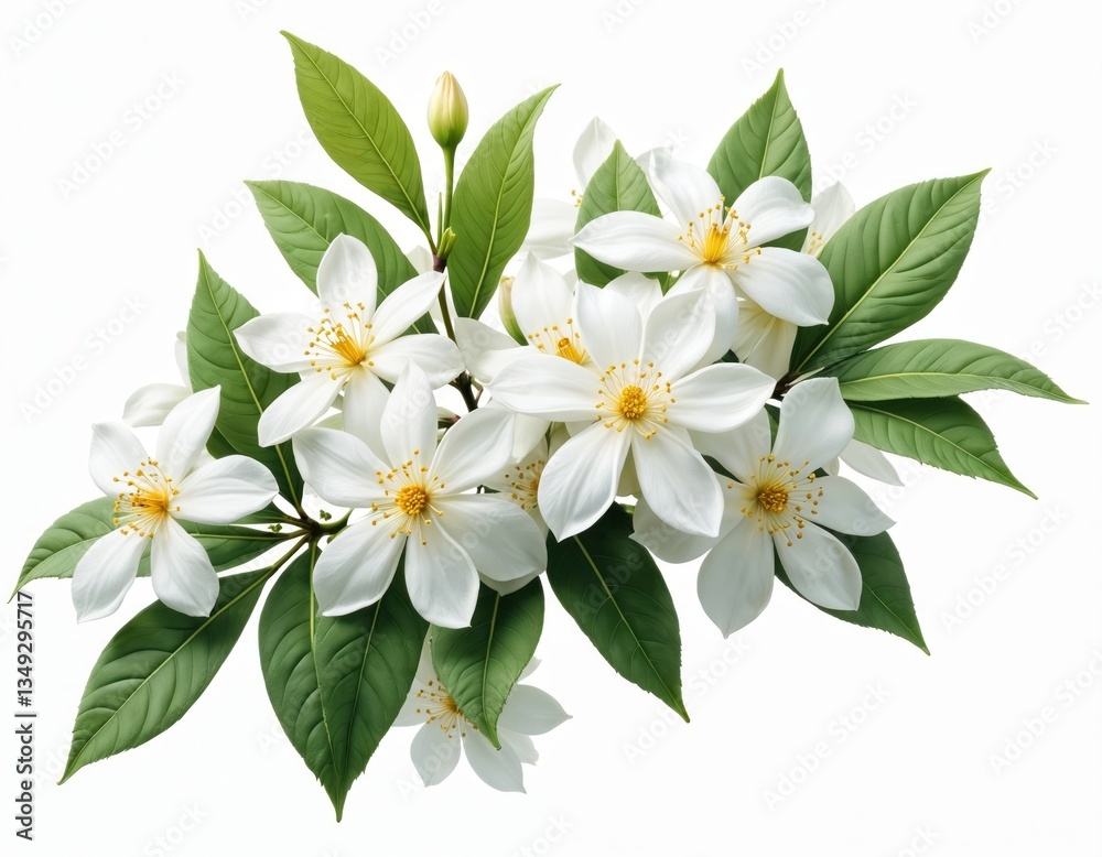 Fototapeta premium Jasmine Philadelphus flowers and leaves in a floral arrangement isolated on white background. White blossoms with yellow stamens and green foliage create elegant floral bouquet for design projects.
