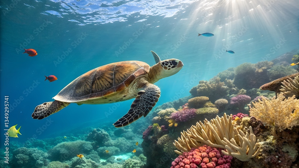 Fototapeta premium A sea turtle swims effortlessly over a colorful coral reef beneath sunny ocean waters