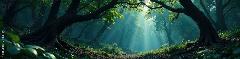 Fototapeta premium Dark isolated forest with twisted tree branches, foliage, wilderness