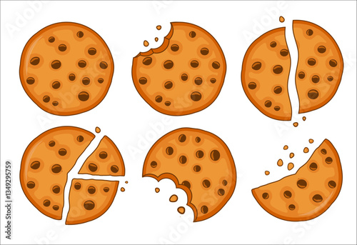Tasty chocolate chips cookies set  on white background. Broken cookies