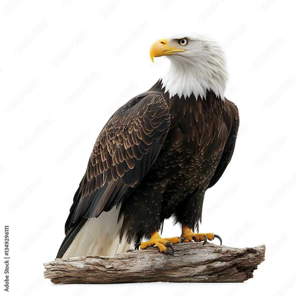Fototapeta premium Majestic Bald Eagle Perched on a Log Isolated on White Background Wildlife