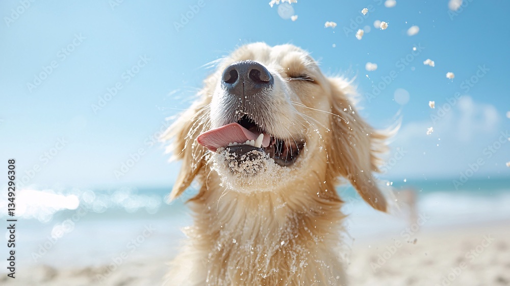 Joyful Golden Retriever Dog Playing on Sunny Beach, Water Splashing with Happy Expression in Summer Joyful Golden Retriever Dog Playing on Sunny Beach, Water Splashing with Happy Expression in Summer