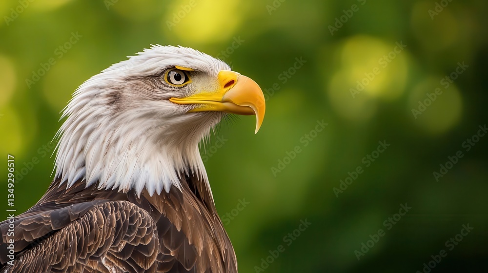 Realistic Bald Eagle perched proudly, sharp eyes and strong beak, filmed against a green backdrop for special effects Realistic Bald Eagle perched proudly, sharp eyes and strong beak, filmed against a green backdrop for special effects