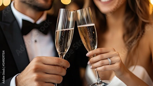 Two people in formal attire clinking champagne glasses together in a close-up shot, their smiles reflecting happiness and excitement in the background of a festive event.