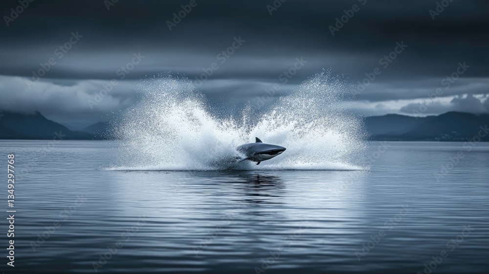 Obraz premium A slow-motion shot of a shark breaking through the ocean's surface with powerful force