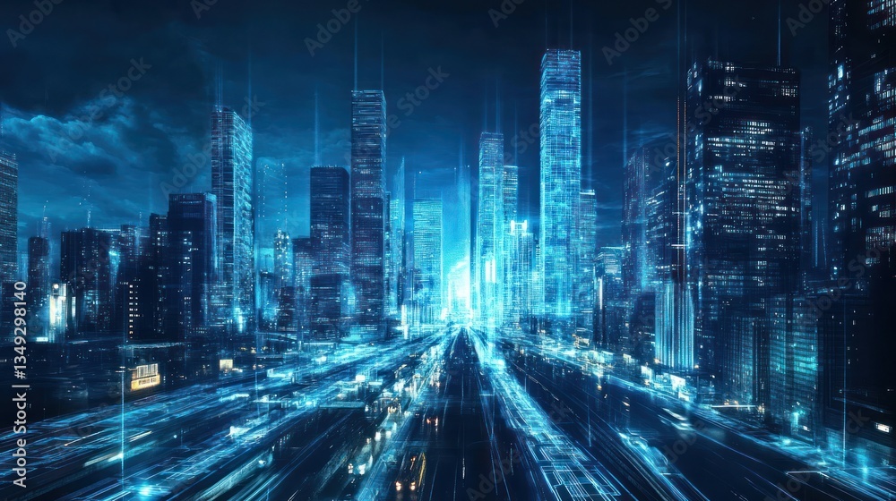 Fototapeta premium Futuristic city skyline at night with digital lines. Possible stock photo use