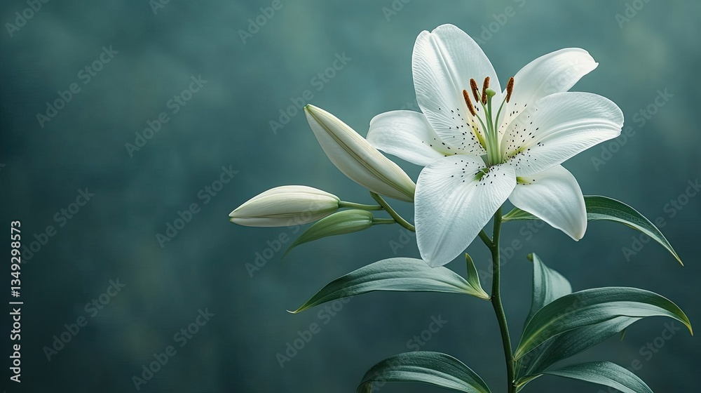 Fototapeta premium White lily blooms, dark background, studio shot, sympathy card