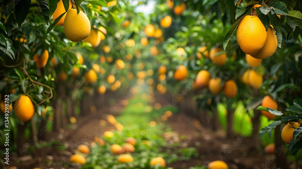 Mango farm in India with golden mangoes hanging from trees illustrating how horticulture ensures the supply of high quality tropical fruits