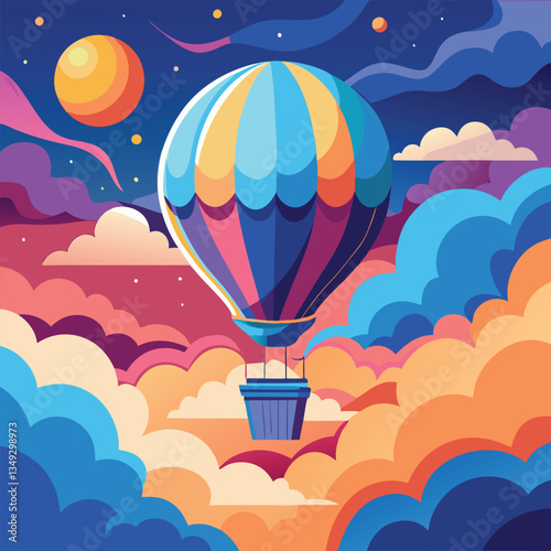 Colorful hot air balloon floating through a vibrant dreamscape with surreal clouds and stars