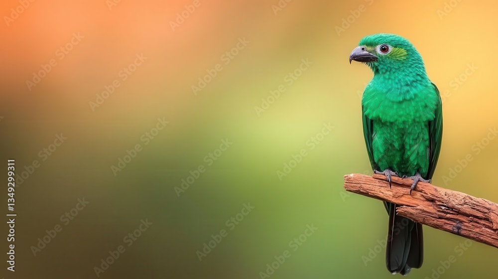 Obraz premium Realistic Resplendent Quetzal sitting calmly, emerald green plumage, long tail, filmed against a clean green backdrop for compositing