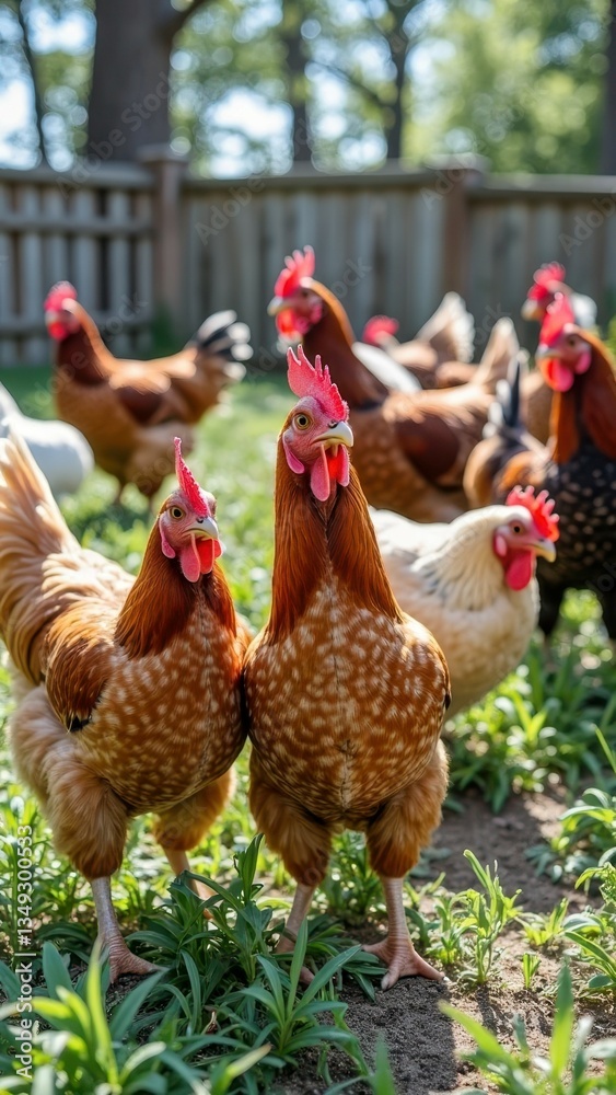 Fototapeta premium Group of chickens roaming freely in sunny farmyard enclosure