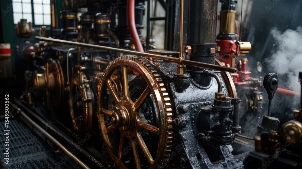 Fototapeta premium A steam-powered engine with interconnected brass gears turning in perfect synchronization