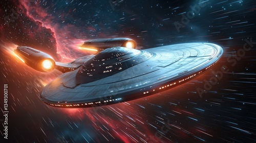 Spacecraft traveling in cosmos at high speed through stardust and nebula