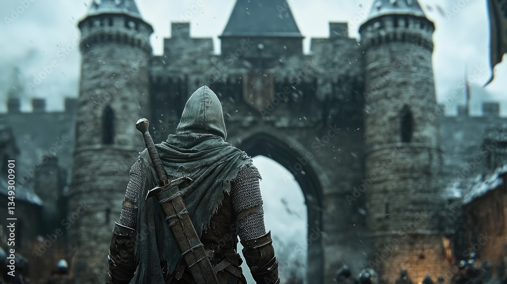 Obraz premium A lone warrior stands before a medieval castle in the snow, his back to the viewer, sword sheathed.