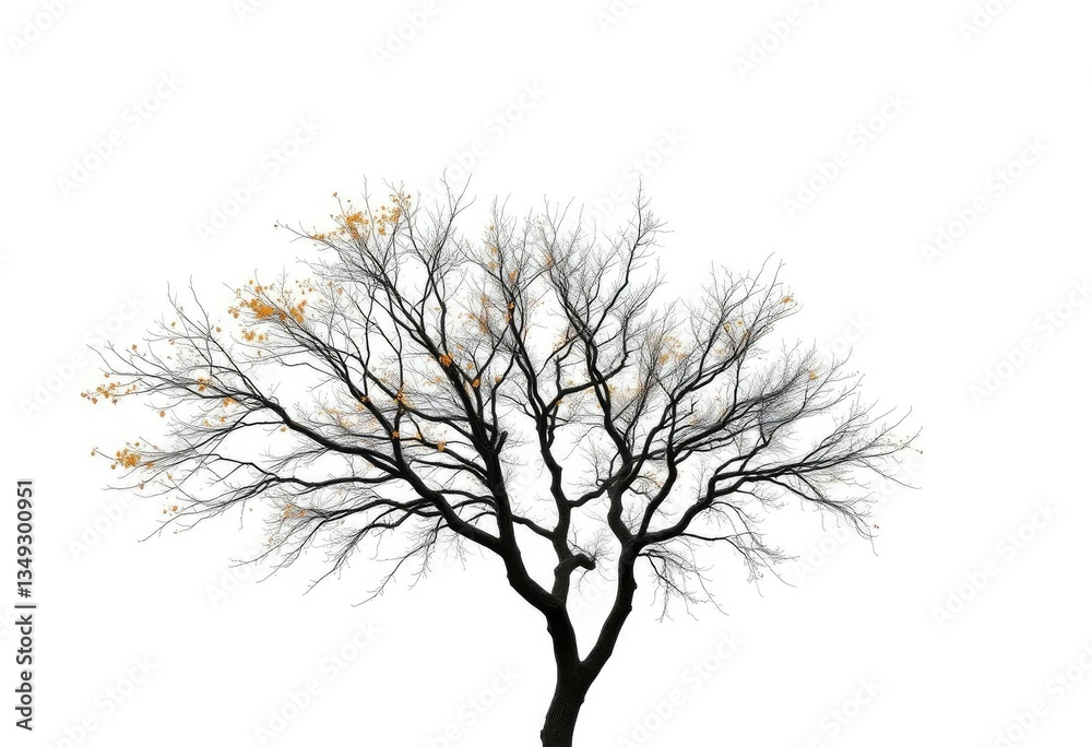 Fototapeta premium Lone deciduous tree, branches reaching skyward, stark white backdrop, ecology, sky
