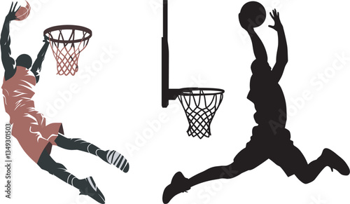 Two dynamic silhouettes of basketball players executing powerful slam dunks