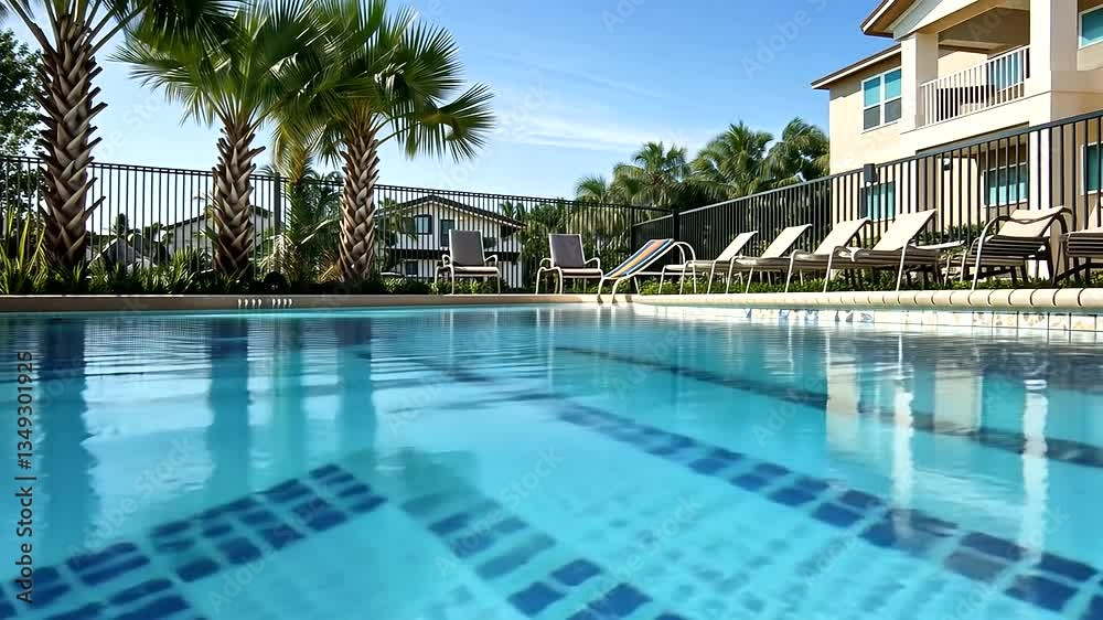 Close-up of a resort pool with crystal-clear water and lounge chairs Close-up of a resort pool with crystal-clear water and lounge chairs