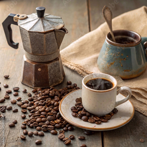 Colombian coffee in a vintage cup with beans and a moka pot on rustic wooden table