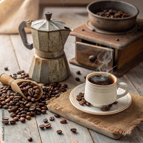 Colombian Coffee brewed in a moka pot with freshly roasted coffee beans on a wooden surface