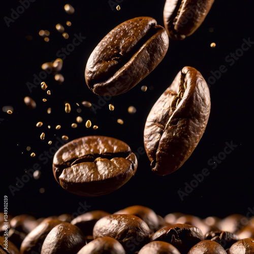Colombian coffee beans floating in slow motion