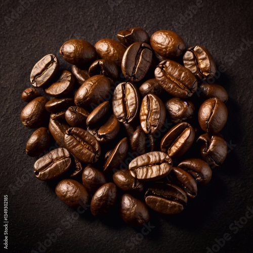Colombian coffee beans arranged on dark surface