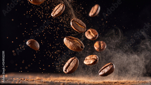 Colombian Coffee beans captured mid-air, with ground coffee powder falling around them