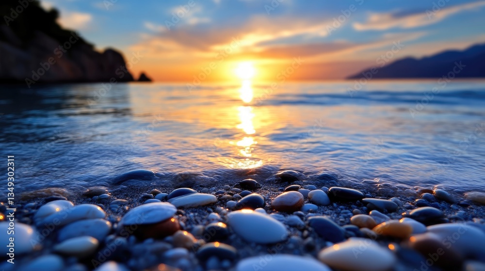 Naklejka premium Coastal sunset over calm waters. Pebbles on the shore