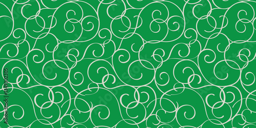 Green pattern with white swirls, digital design.  Elegant scrollwork, decorative background.  Repeating motif, ornamental texture.