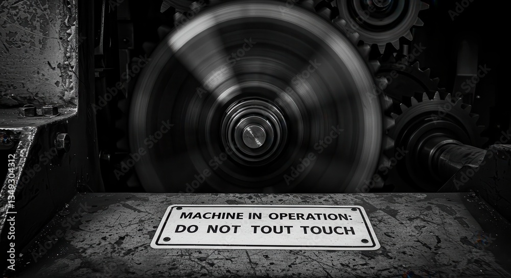 Obraz premium Rotating Gears Inside Industrial Machine with Warning Sign Close Up