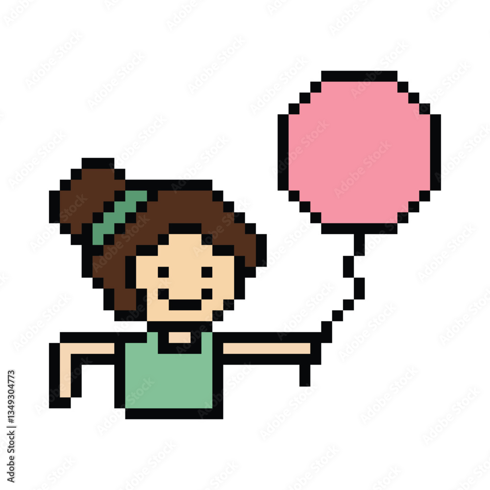 Fototapeta premium Cute pixel cartoon character girl kid child hold or play balloon bump decoration 8 bit woman lady children with balloon toy float pixel game 8bit png vector.
