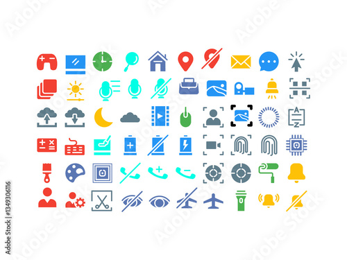 Displays colorful interface icons for app use. Suitable for software designs, website layouts, digital projects, and user interface elements.