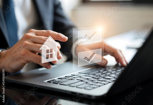 Property Inspection: A person, in a formal suit, is checking property with a house icon and laptop, assessing conditions and opportunities.