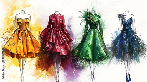 Colorful fashion illustration showcasing four unique vibrant dress designs