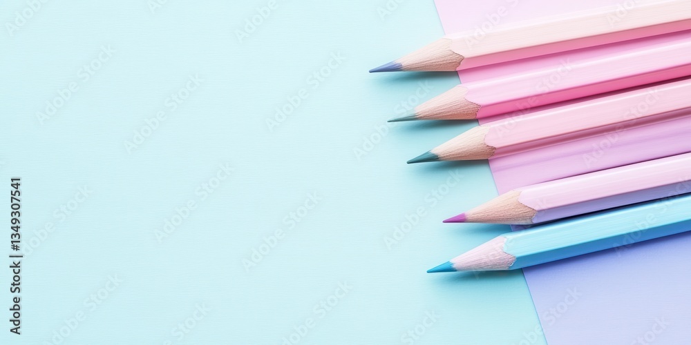 Pastel colored pencils arranged on a light blue and purple background creating a soft aesthetic Pastel colored pencils arranged on a light blue and purple background creating a soft aesthetic