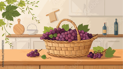 Wallpaper Mural Grapes in wicker basket on table in kitchen vector design, Grapes Illustration vector design Torontodigital.ca