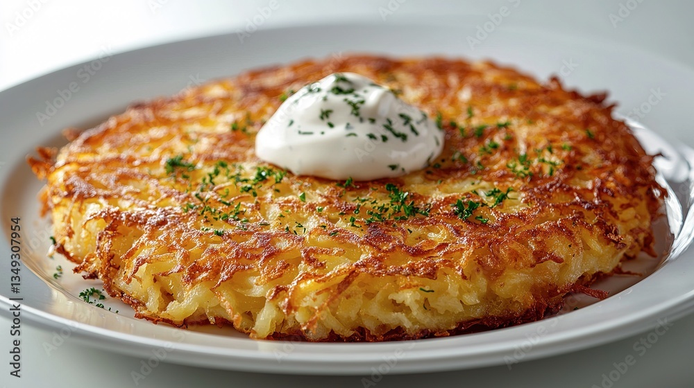A golden potato pancake topped with a dollop of creamy sauce A golden potato pancake topped with a dollop of creamy sauce