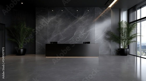 Modern, minimalist lobby reception desk with dark gray marble accents.  Spacious, sophisticated office interior design