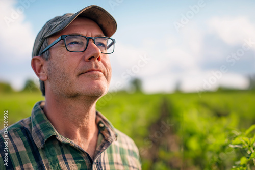 Proud middle aged man farmer Caucasian ethnicity wearing glasses and cap standing on agricultural field